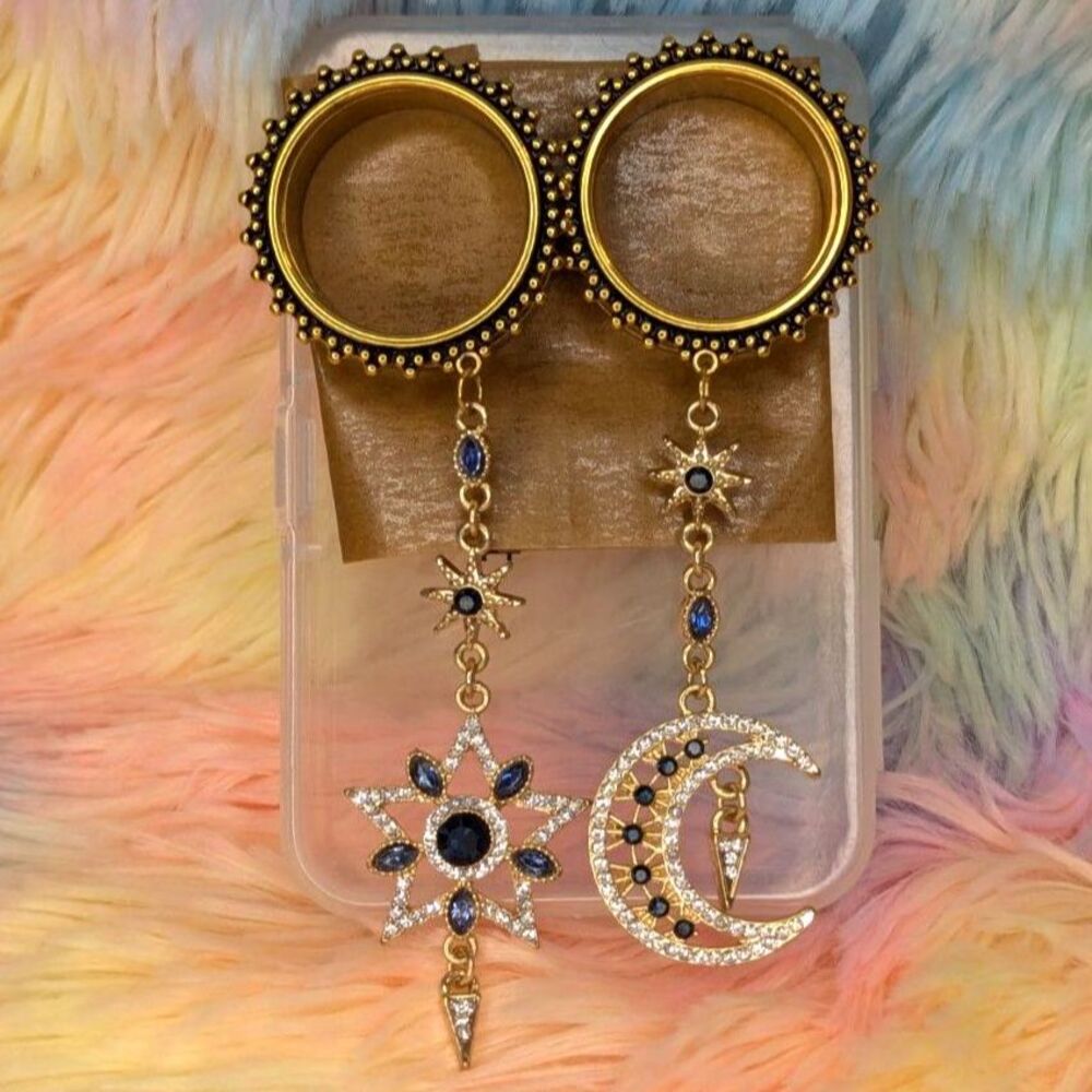 1 Inch Jeweled Sun and Moon Hanging Gold Titanium Tunnels for Stretched Ears